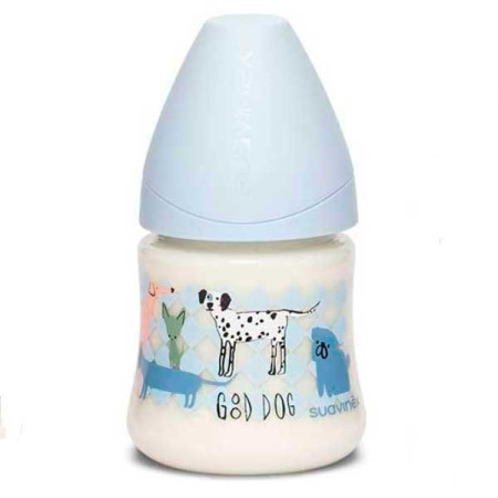 Biberón 150 ml. flujo lento (látex) pavo azul. Suavinex