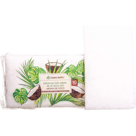 Esponjas de fibra con jabón y aroma de coco (10 ud). Dermobaño