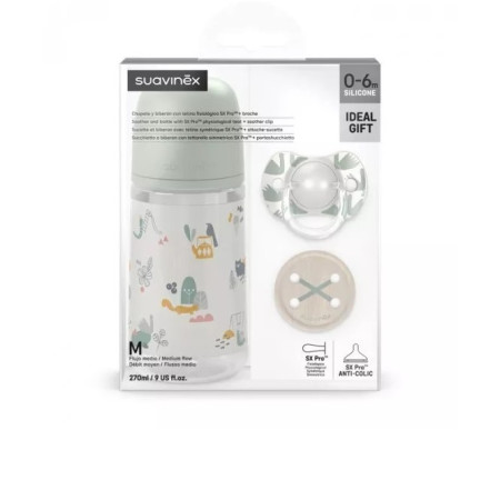 Pack de biberón Anticólico 270 ml + Chupete 0/6 Meses + Sujeta-chupete. Suavinex