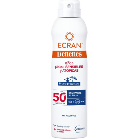Bruma invisible protección solar infantil para pieles sensibles y atópicas SPF50+ (250ml). Denenes