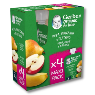 Pack de 4 bolsitas pera, manzana y platano (4x90g). Gerber