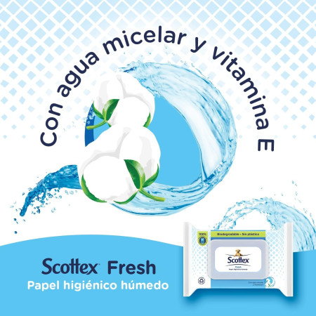 Toallitas papel húmedo con agua micelar y vitaminas E Scottex. Pack Ahorro 6 x 74