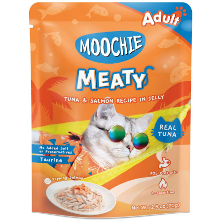 Pouch de atún y salmón para gatos MOOCHIE delicias carnosas