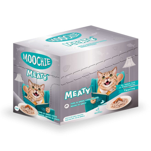 Pouch de atún y mejillón para gatos senior MOOCHIE delicias carnosas