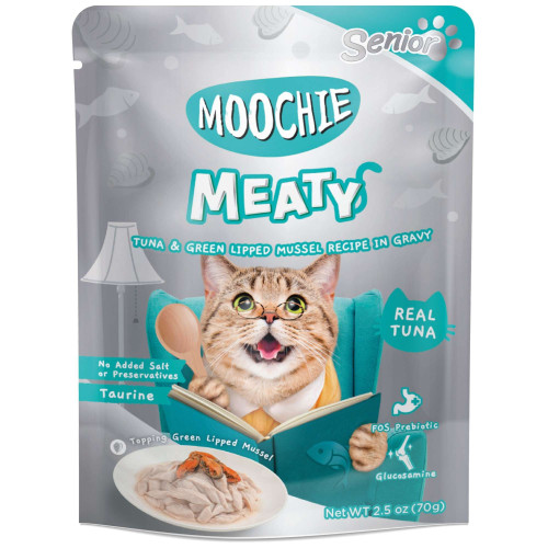 Pouch de atún y mejillón para gatos senior MOOCHIE delicias carnosas