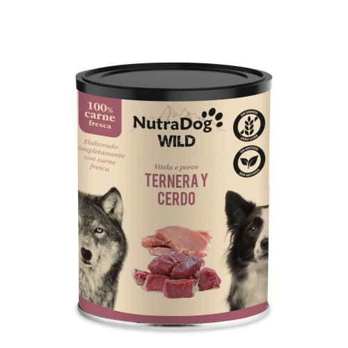 Alimento húmedo 100 % de ternera y cerdo para perros NutraDog WILD Gourmet. 800g