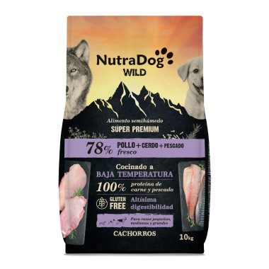 Alimento semihúmedo para cachorros pollo, cerdo y pescado 78% NutraDog WILD. 10 kg