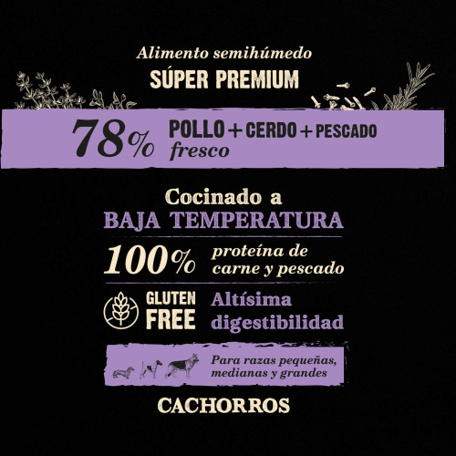 Alimento semihúmedo para perros adultos salmón y pavo 75% NutraDog WILD. 2 kg