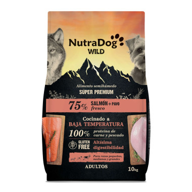 Alimento semihúmedo para perros adultos salmón y pavo 75% NutraDog WILD. 10 kg