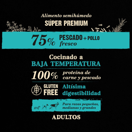 Alimento semihúmedo para perros adultos pescado y pollo 75% NutraDog WILD. 2 kg
