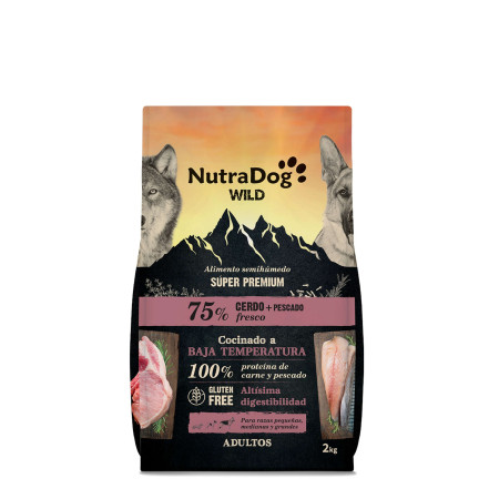 Alimento semihúmedo para perros adultos cerdo y pescado 75% NutraDog WILD. 2 kg