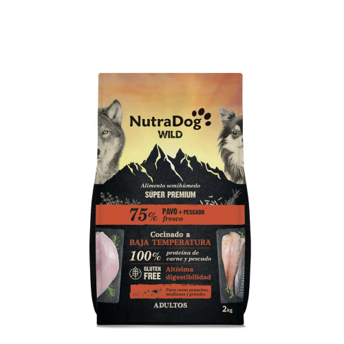 Alimento semihúmedo para perros adultos pavo y pescado 75% NutraDog WILD. 2 kg