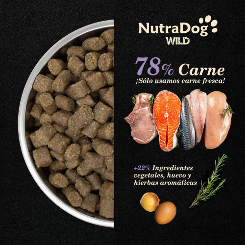Alimento semihúmedo para perros adultos pollo y pescado 75% NutraDog WILD. 2 kg