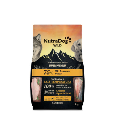 Alimento semihúmedo para perros adultos pollo y pescado 75% NutraDog WILD. 2 kg