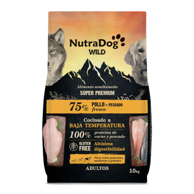 Alimento semihúmedo para perros adultos pollo y pescado 75% NutraDog WILD. 10kg