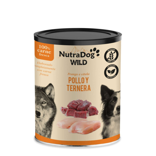 Alimento húmedo 100% natural de pollo y ternera para perros NutraDog WILD. Pack Ahorro 4 x 400 g