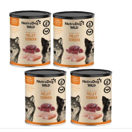 Alimento húmedo 100% natural de pollo y ternera para perros NutraDog WILD. Pack Ahorro 4 x 400 g