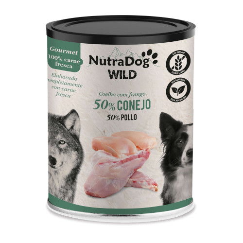 Alimento húmedo 100 % natural de conejo y pollo para perros NutraDog WILD Gourmet. Pack Ahorro 4 x 400gr