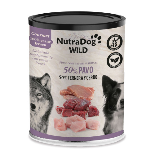 Alimento húmedo 100 % natural de pavo, ternera y cerdo para perros NutraDog WILD Gourmet. Pack Ahorro 4 x 400gr