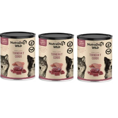 Alimento húmedo 100 % natural de ternera y cerdo para perros NutraDog WILD. Pack Ahorro 3 x 800gr