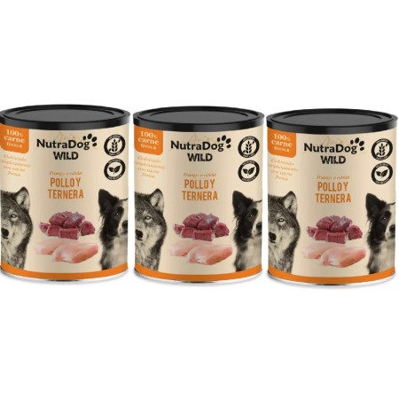 Alimento húmedo 100 % natural de pollo y ternera para perros NutraDog WILD. Pack Ahorro 3 x 800g