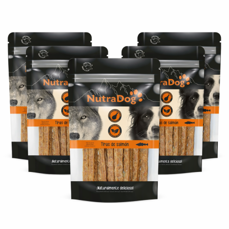 Snacks Tiras de salmón NutraDog. Pack Ahorro 5 x 350 gr