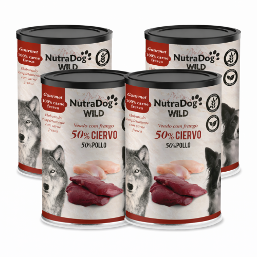 Alimento húmedo 100 % natural de ciervo y pollo para perros NutraDog WILD Gourmet. Pack Ahorro 4 x400 gr