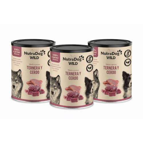Alimento húmedo 100 % natural de ternera y cerdo para perros NutraDog WILD. Pack Ahorro 3 x 800gr