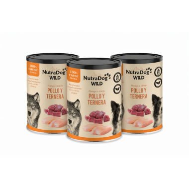 Alimento húmedo 100 % natural de pollo y ternera para perros NutraDog WILD. Pack Ahorro 3 x 800g
