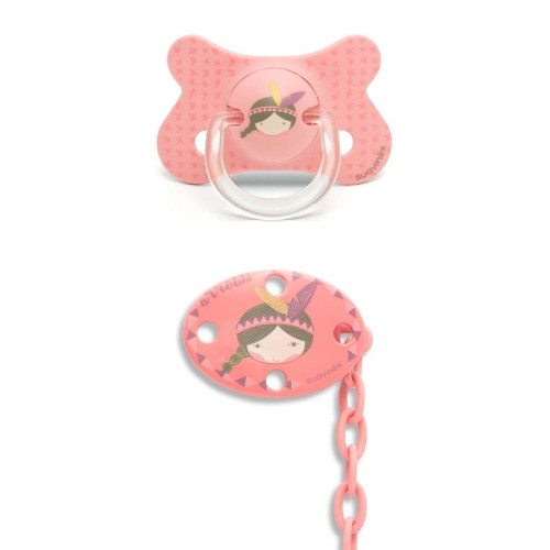 Chupete y broche indios rosa 4-18 meses anatómico silicona. Suavinex