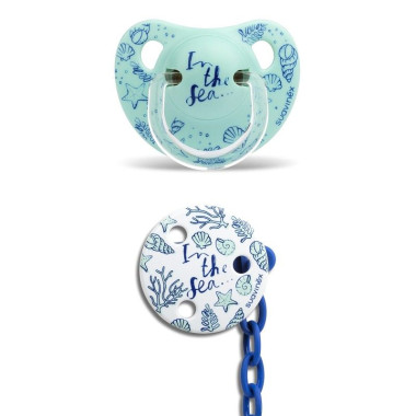 Chupete y broche In the sea azul 6-18 meses anatómico silicona. Suavinex